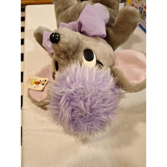 80s Disney Bianca Gray Plush Mouse Stuffed Purple Bow 16" Vintage Made in Korea - Picture 10 of 16
